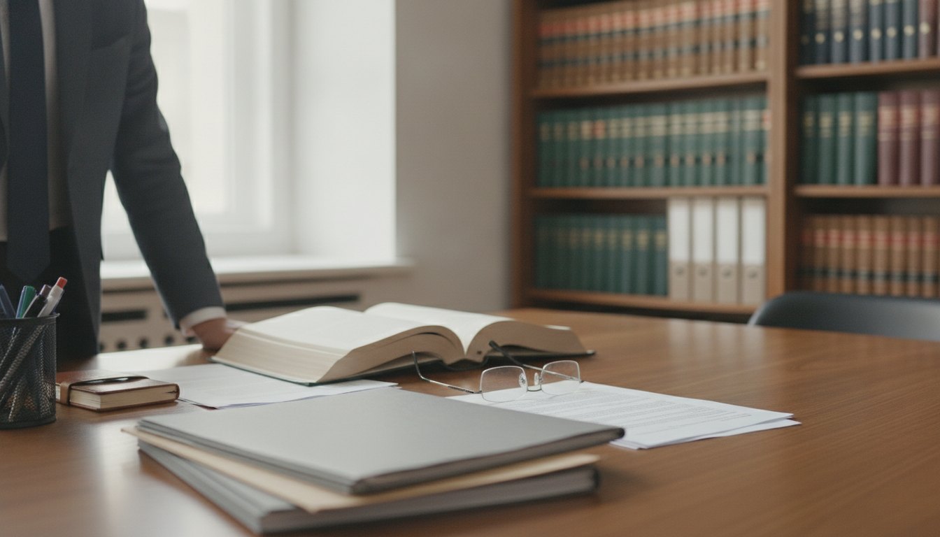 Profissional de direito analisando documentos processuais em uma mesa de escritório com livros ao fundo.