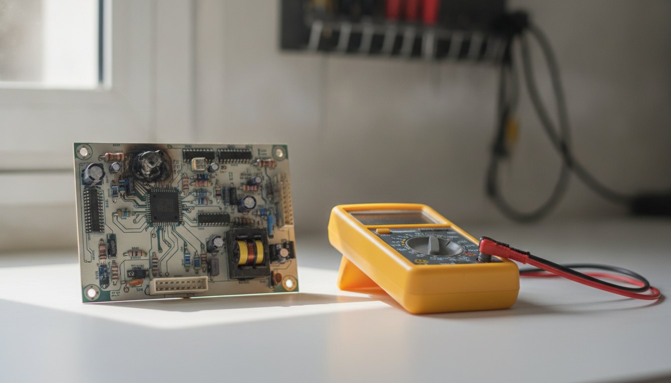 Placa de circuito impresso com componentes eletrônicos levemente chamuscados próxima a um multímetro amarelo.