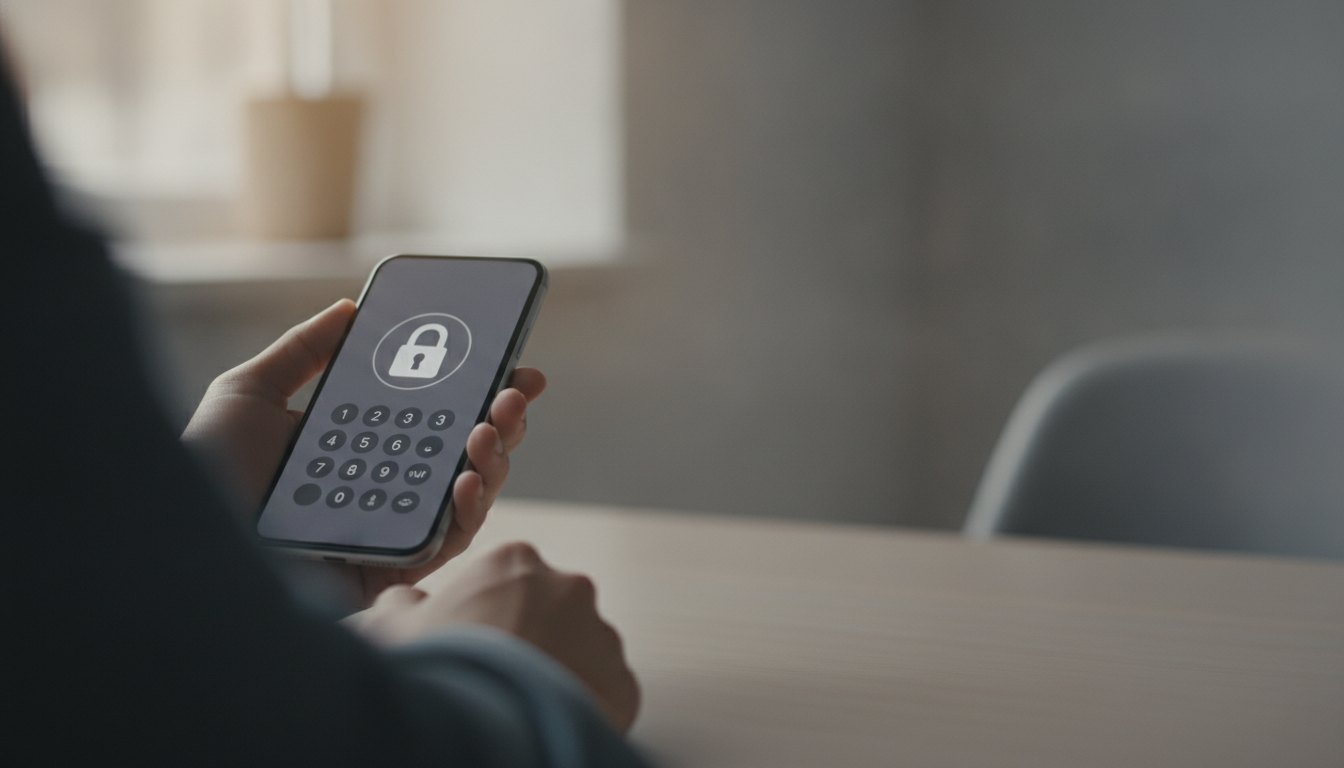 Mão segurando um celular com tela exibindo um cadeado digital e teclado numérico.
