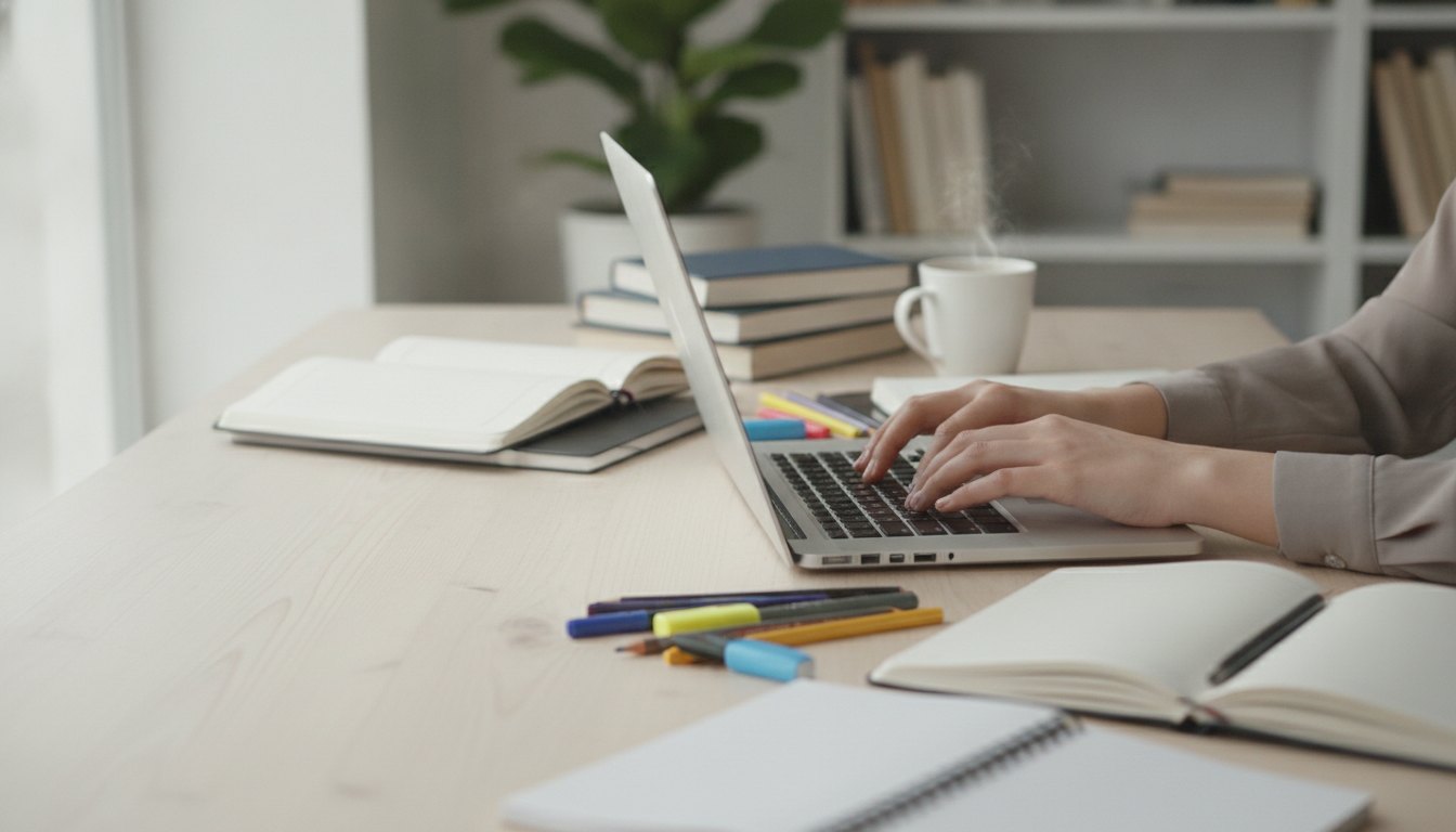 Estudante digitando em um notebook sobre a mesa com cadernos e canetas ao redor
